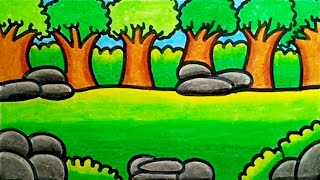 How To Draw Forest Scenery Very Easy Step By Step  Drawing Forest Scenery For Beginners [upl. by Lali345]