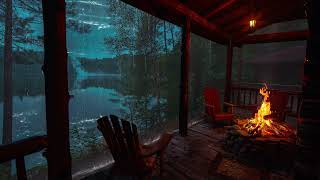 Cozy Fire Sounds Crackling and Gentle Rain in Cabin Porch  Rainy Day by the lake [upl. by Annayak964]