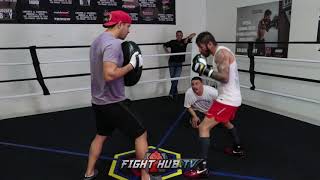 JORGE LINARES LOOKS POWERFUL BLASTS PUNCH SHIELD WITH STRAIGHT RIGHT HANDS FOR LOMACHENKO [upl. by Groves120]