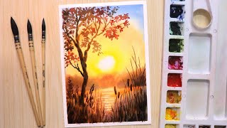 Watercolor painting for beginners beautiful sunset and tree [upl. by Eelime]