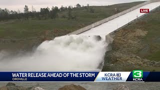 Watch Oroville Dam spillway releases begin in advance of winter storm [upl. by Ellga]