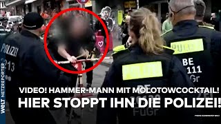 HAMBURG Video aufgetaucht Hier stoppt die Polizei den HammerMann mit Molotowcocktail [upl. by Arrahs]