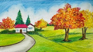 Autumn Season Drawing  Easy and Simple Autumn Season Drawing  শরৎকালের দৃশ্য আঁকা youtubeshorts [upl. by Yelserp482]