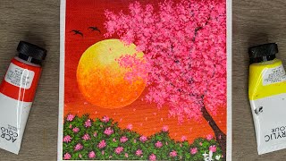 A Cozy Moonlight in Blooming Spring  Acrylic Painting for Beginners [upl. by Gerlac590]