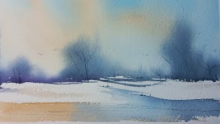 Winter watercolor landscape So easy it almost paints Itself [upl. by Ahsratal]