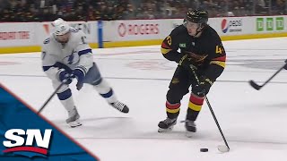 Canucks Quinn Hughes Weaves Through Offensive Zone To Score Backhand Power Play Goal [upl. by Ainezey221]