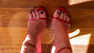 High heels Stuart Weitzman red sandals with fishnets ❤️ [upl. by Anelys]