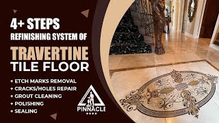 4 step refinishing of travertine tile floor stain removal crack repair grout cleaning polishing [upl. by Ellerey]