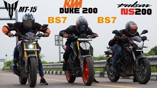 Duke 200 LED vs NS200 BS7 vs MT15 V2 Drag Race [upl. by Ellezaj815]