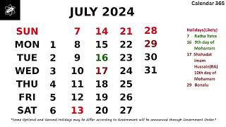 July 2024 Calendar With Holidays 📅 Calendar 365 📅 [upl. by Aiht683]