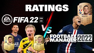 FIFA 22 VS FOOTBALL MANAGER  RATINGS COMPARE FT Messi Ronaldo Haaland Moukoko Sancho [upl. by Oiluig]